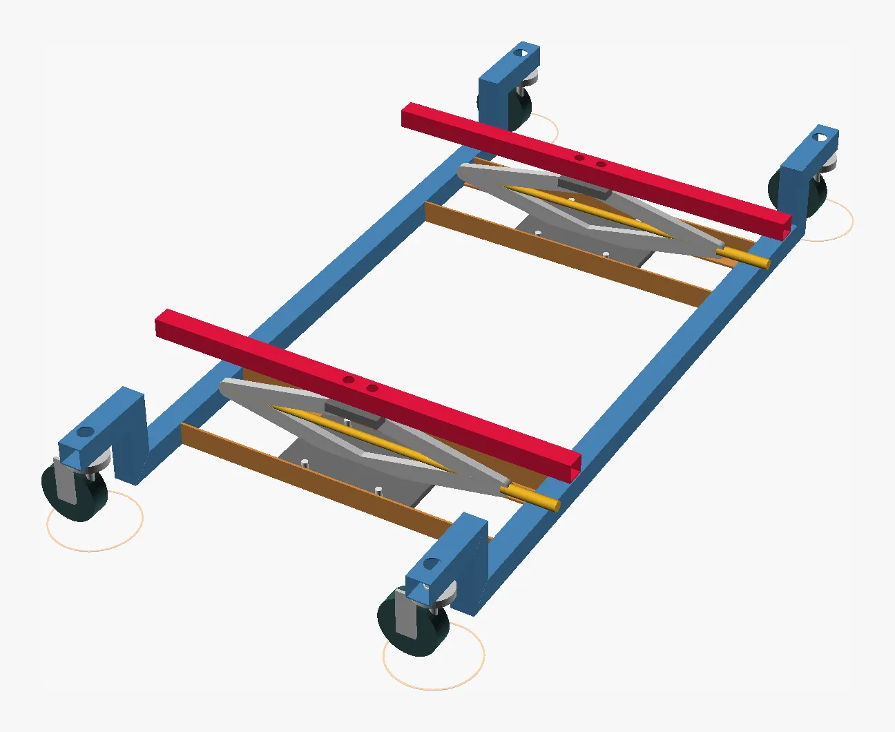 OpenSCAD render of the cradle: a blue ladder frame of 30 mm box section with a swivel castor on an arm at each corner, two scissor jacks on angle shelves inside it, and a red bearer bar on each jack’s saddle