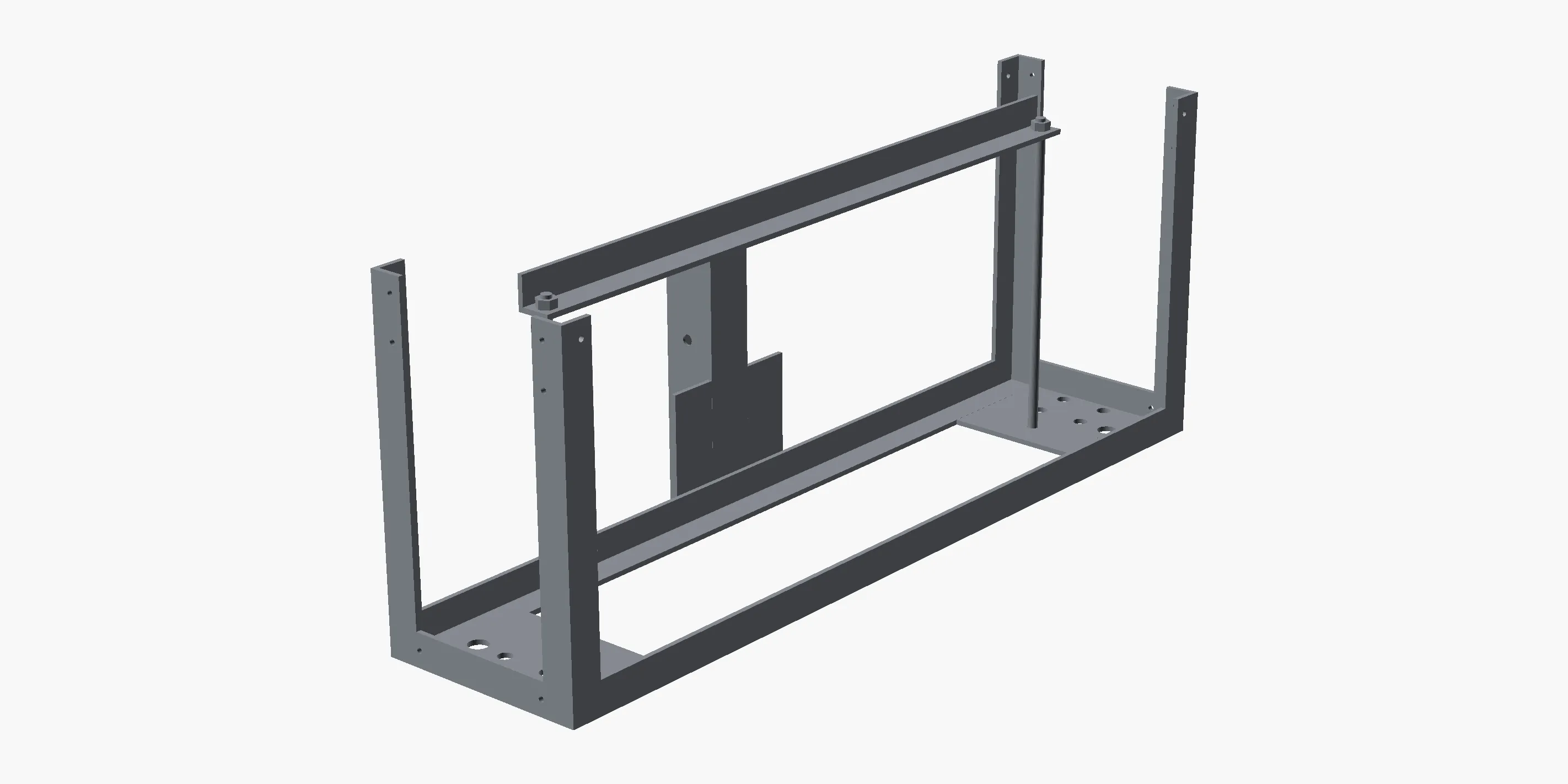 The rover frame rendered from the OpenSCAD model, steel only: a rectangular ring of angle with an upright at each corner, a hold-down bar across the top on two threaded rods, and the plate for the pole socket