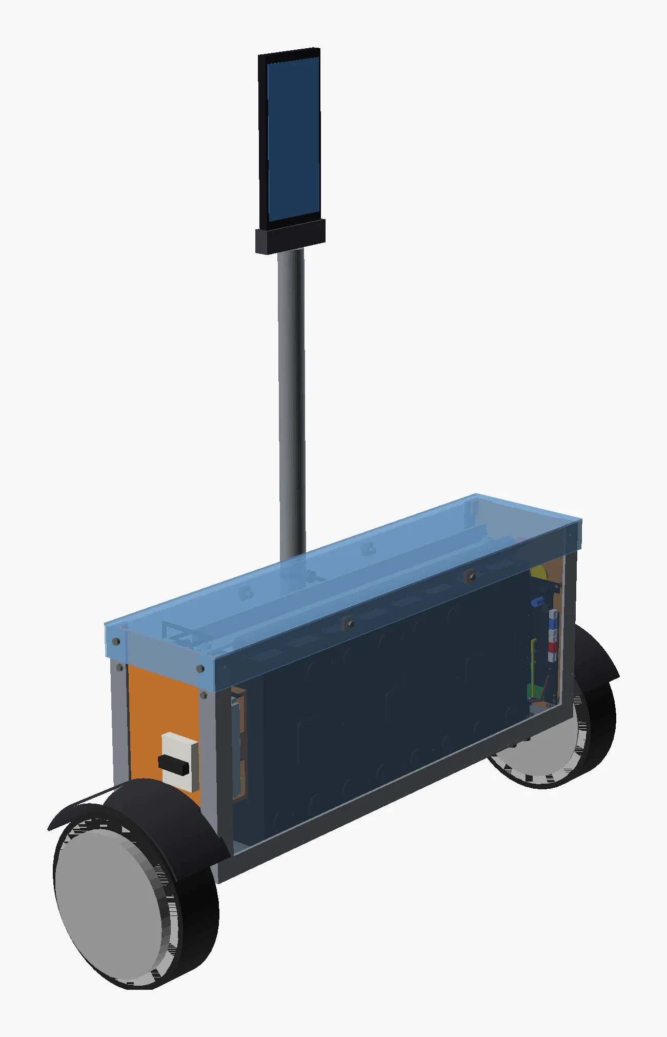 The whole rover rendered from the OpenSCAD model: the battery module in the steel tub between two hoverboard wheels with mudguards, a clear lid, the controller boards at one end, and a phone on a pole